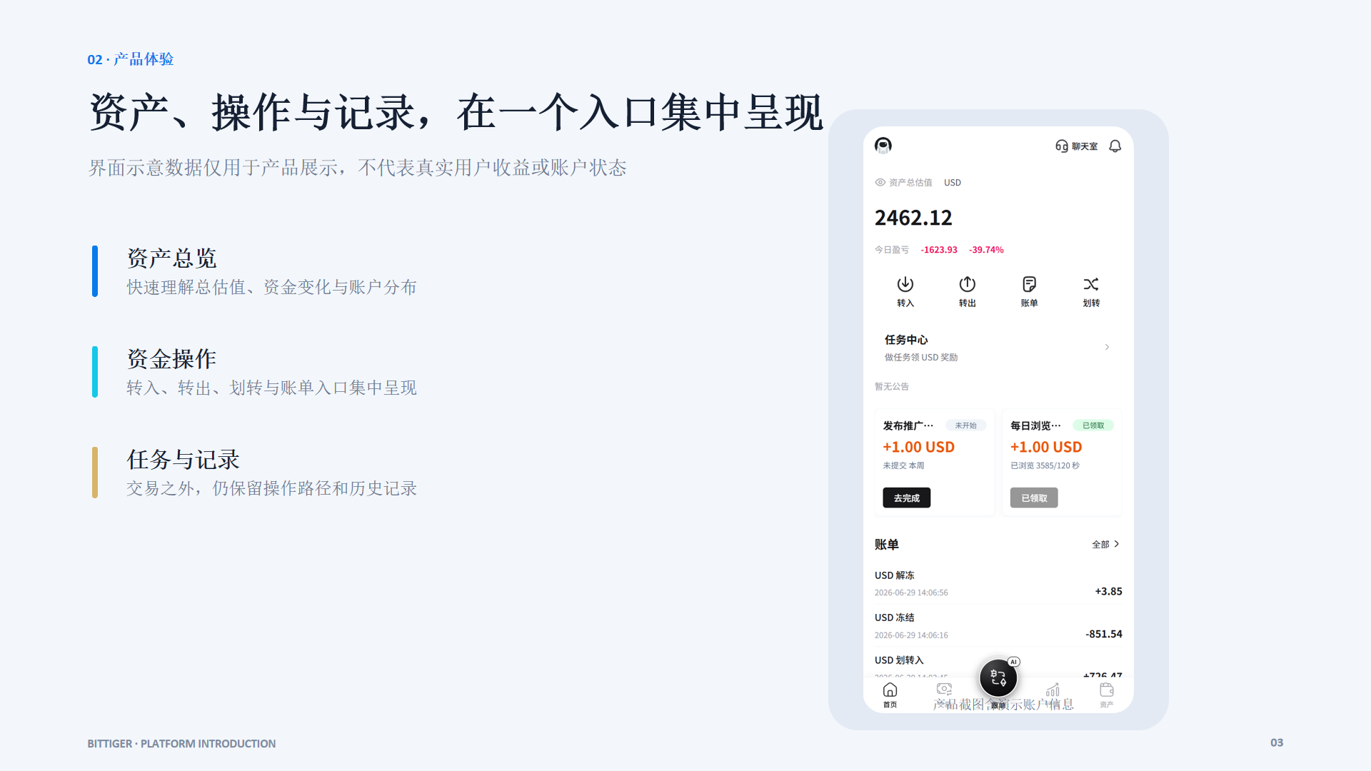 BitTiger资产操作与订单记录界面